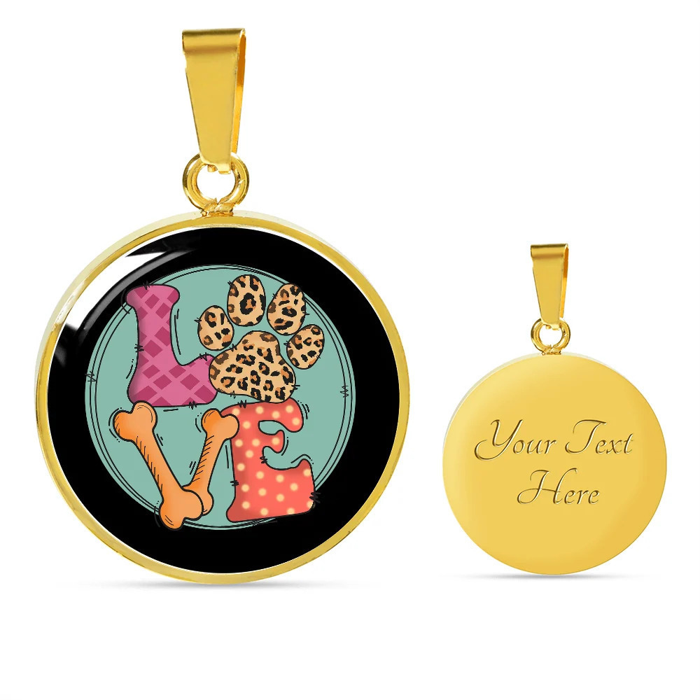 Love Dog Paw Personalized Engraved Gold Circle Necklace Custom Name Date Gift f